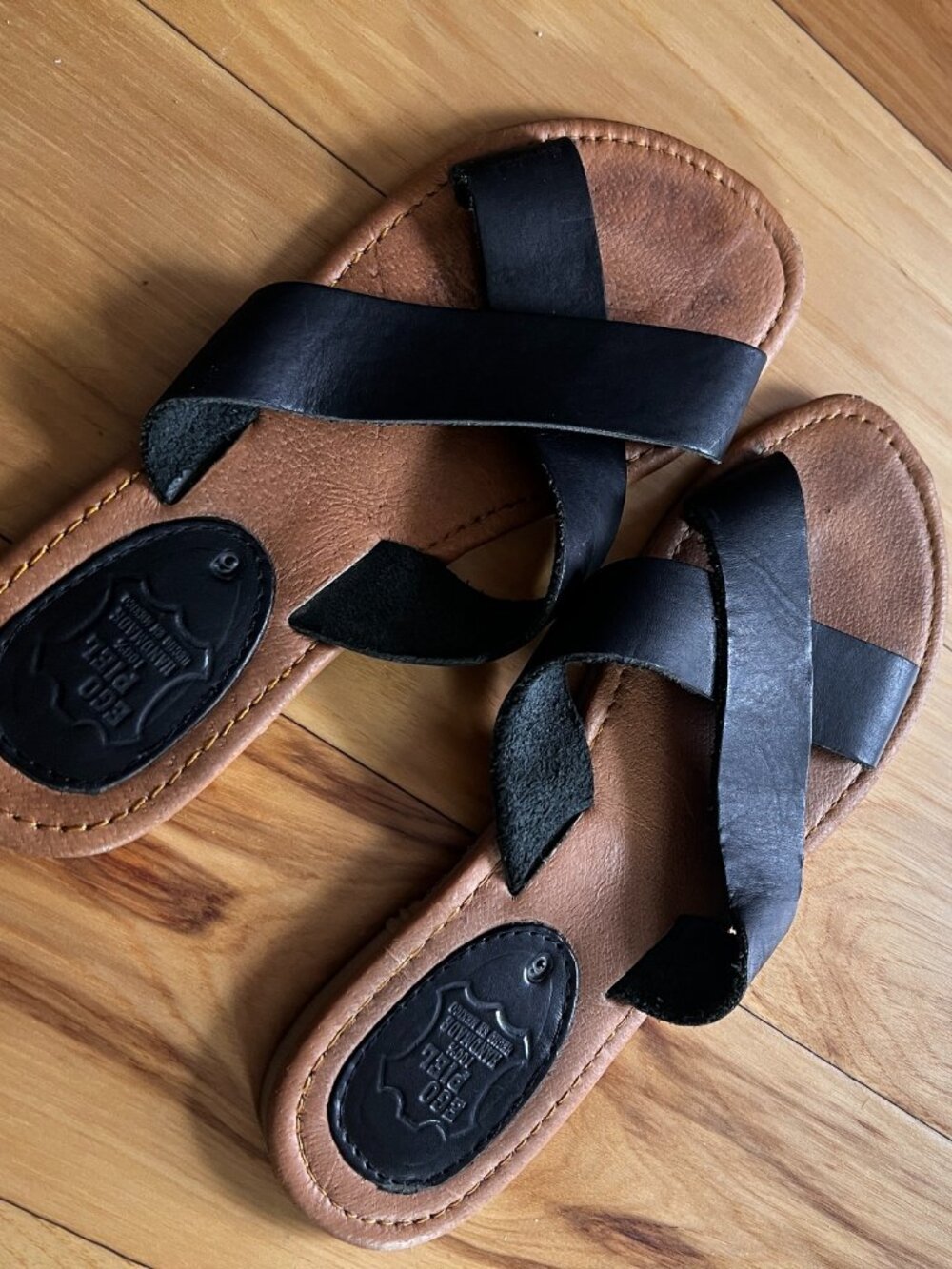 Vintage Ego Piel Sz 9 Black Leather Handmade Crisscross Slide Sandals Mexico